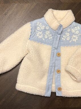 Old Navy Cream Sherpa Jacket with Pale Blue Embroidered Yoke